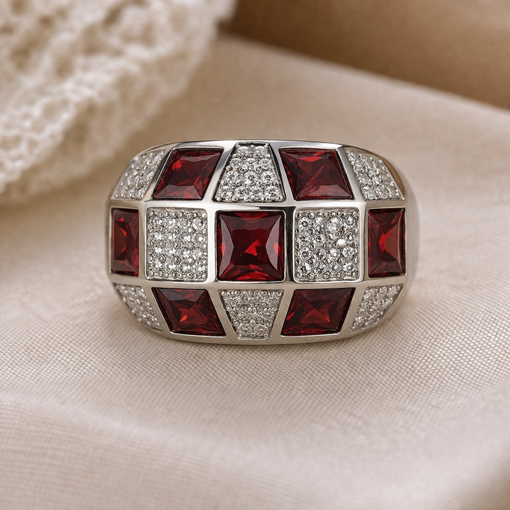 βίντατζ δαχτυλίδι από ασήμι και κόκκινες πολύτιμες πέτρες