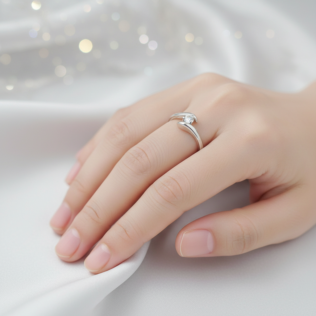 Δαχτυλίδι με Καμπύλη Μπάρα σε Ασήμι και Λαμπερό Διαμάντι στο Κέντρο