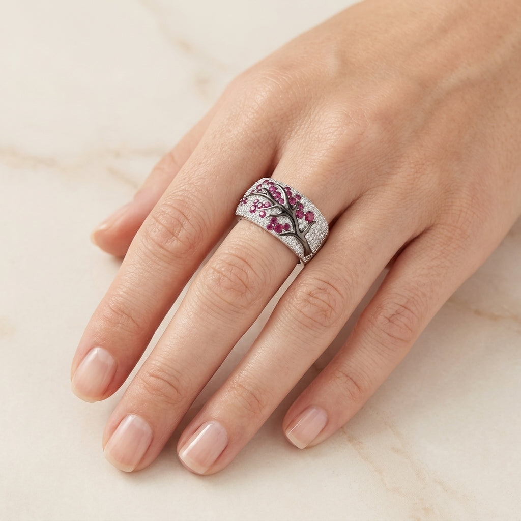 Δαχτυλίδι με Ρούμπι και Άνθη | Λευκό Χρυσό