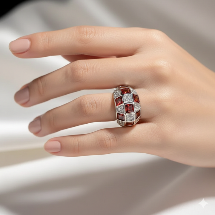 βίντατζ δαχτυλίδι από ασήμι και κόκκινες πολύτιμες πέτρες