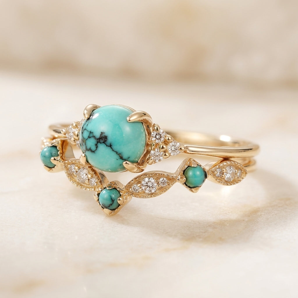 Χρυσό Σετ Δαχτυλιδιών Στέμμα με Τουρκουάζ