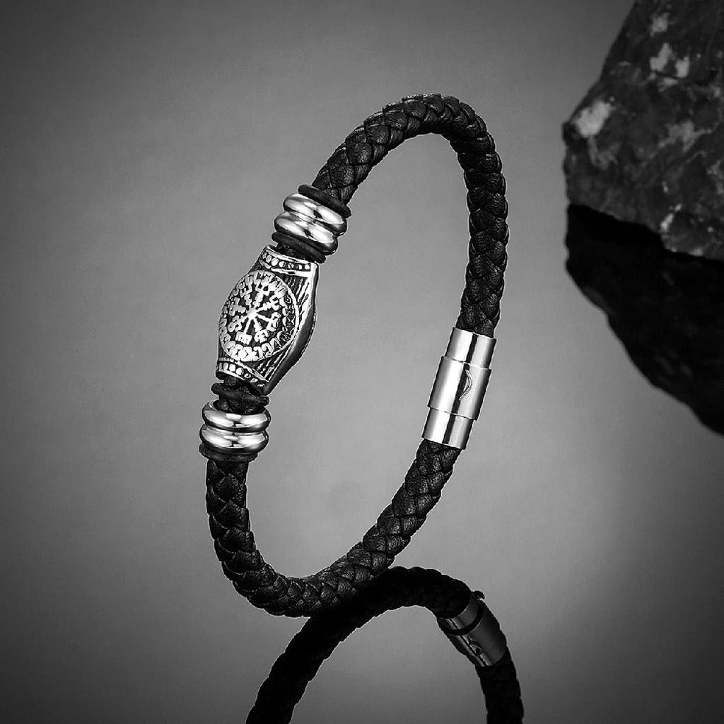 Μαύρη πλεκτή δερμάτινη βραχιόλι Viking Compass