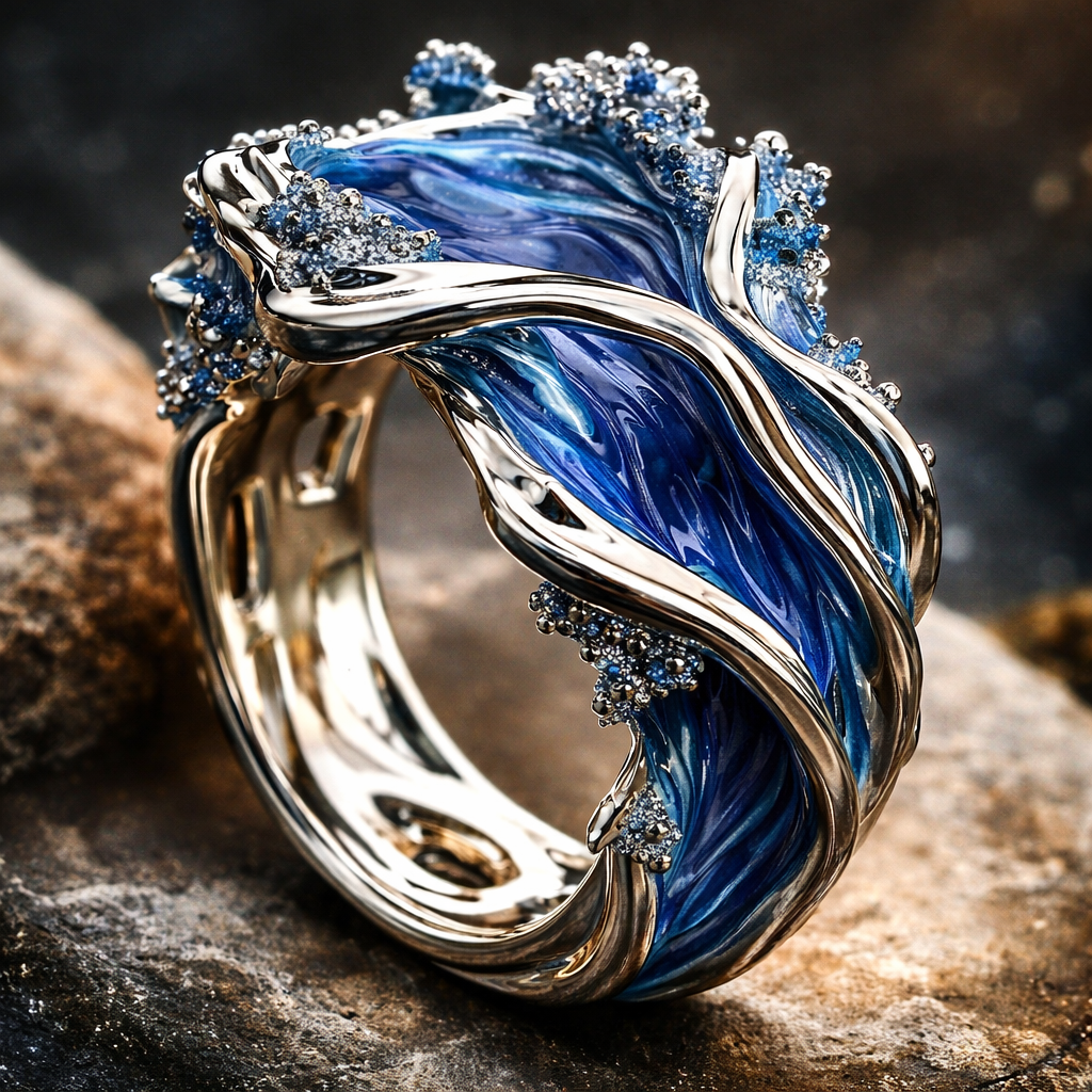 Ρετρό ασημένιο χρυσό δαχτυλίδι «Κυματιστός Ωκεανός»