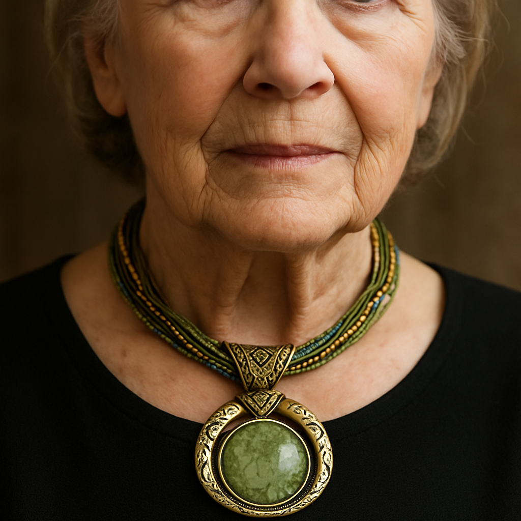 Ρετρό κολιέ με εθνολογικό κρεμαστό σε πράσινο κρύσταλλο