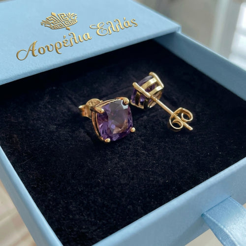 Σκουλαρίκια Τετράγωνα Αμέθυστου | Χρυσά
