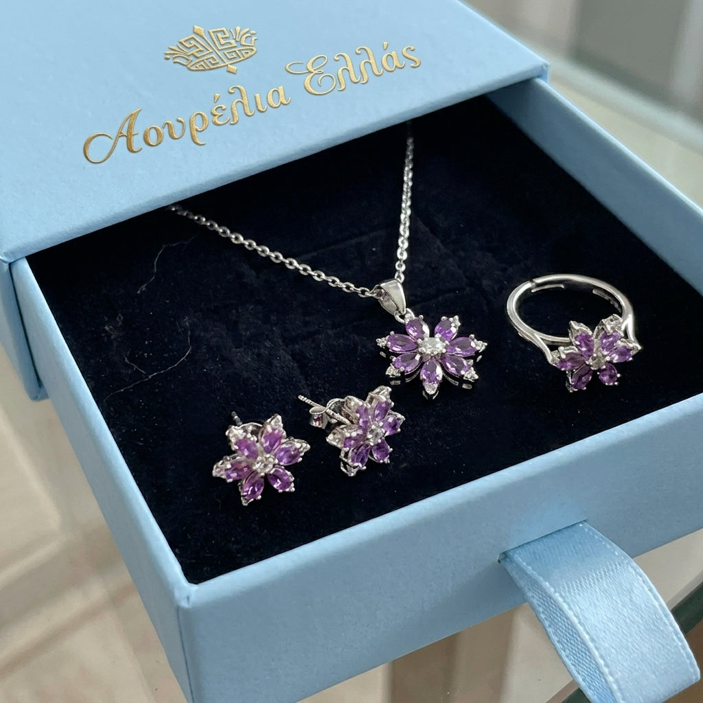 Σύνολο Κοσμημάτων Αμέθυστου | Λευκό Χρυσό